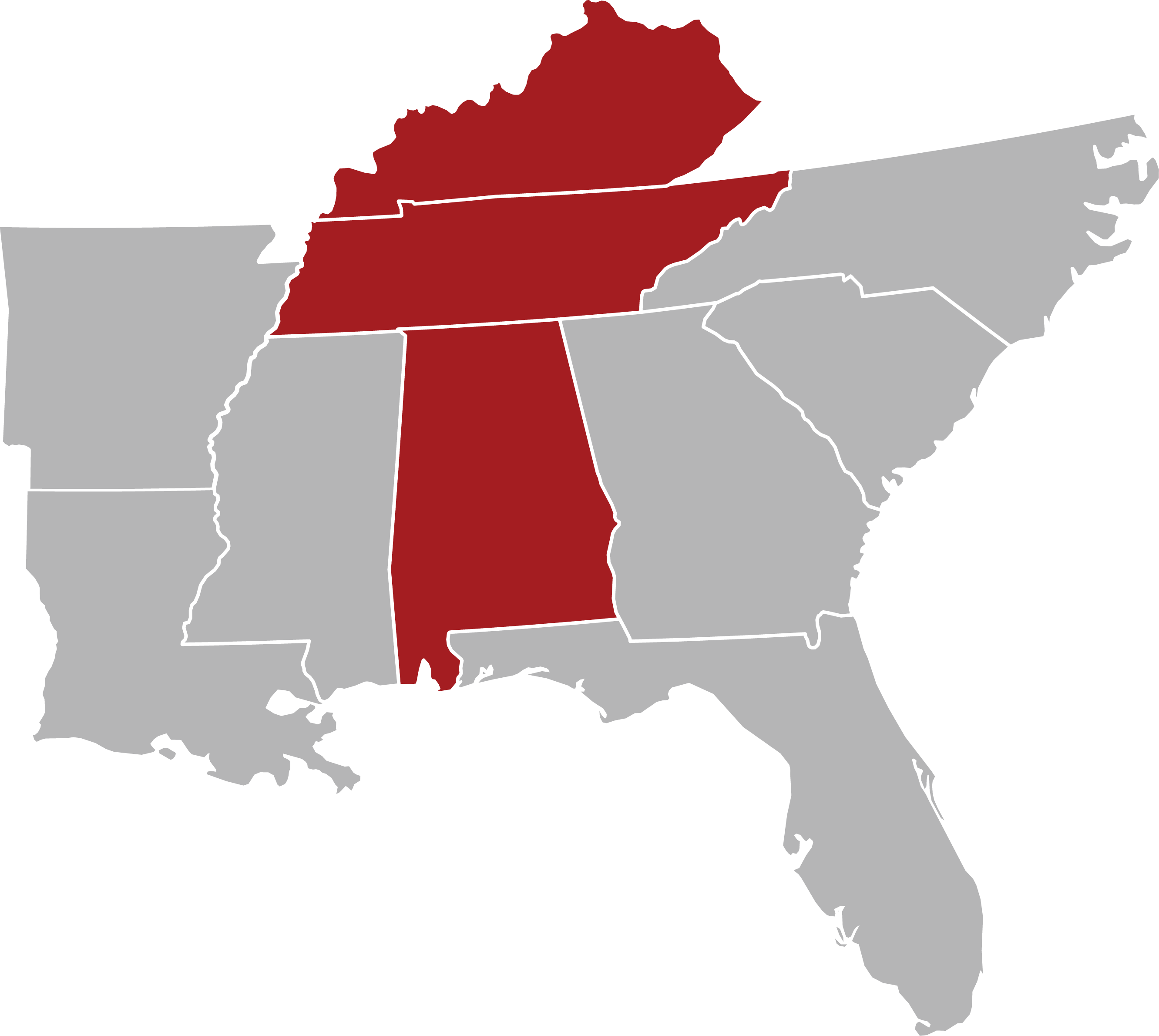 Map of the southeastern United States with Kentucky, Tennessee & Alabama highlighted in red.