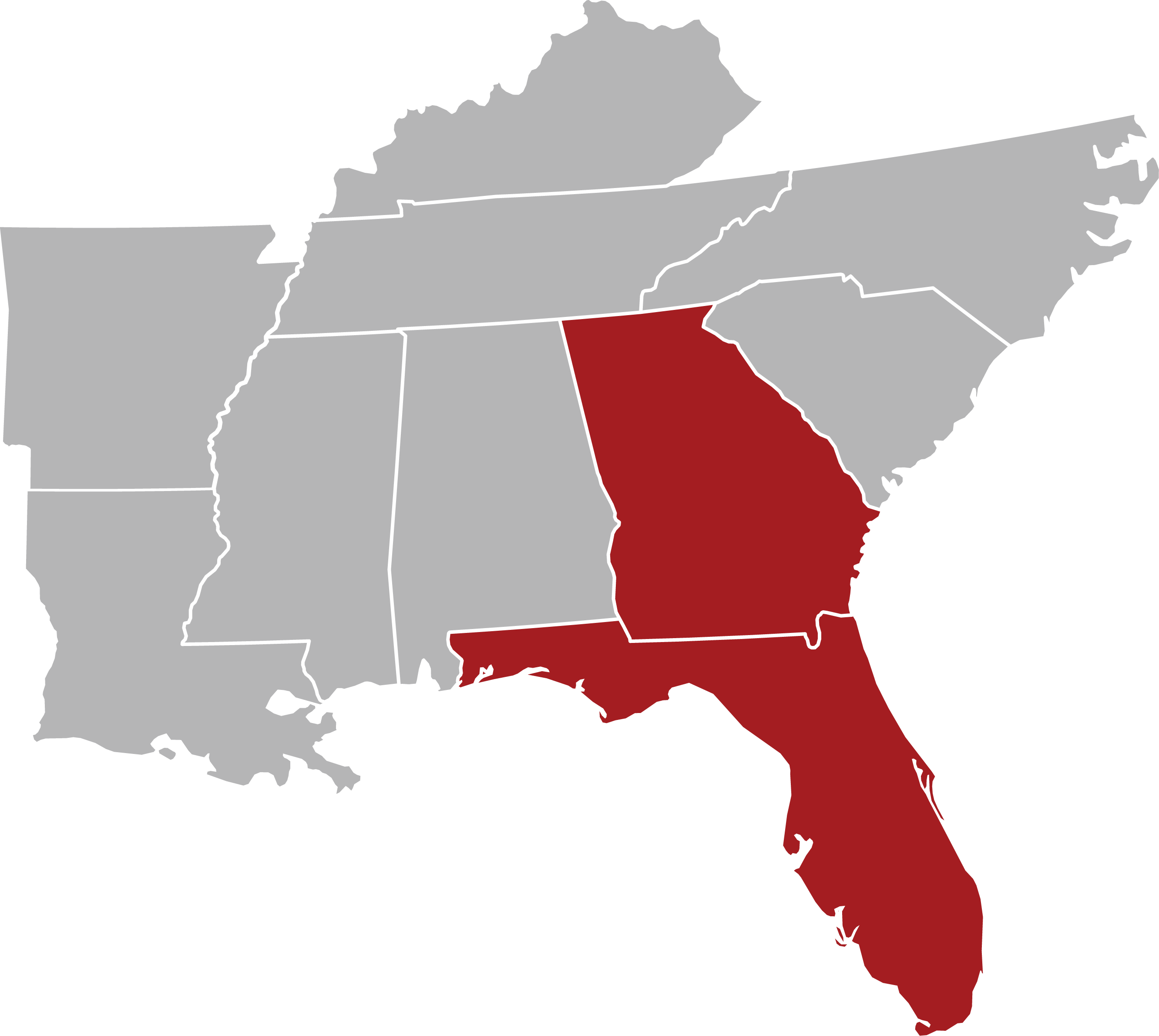 Map of the southeastern United States with Georgia and Florida highlighted in red.