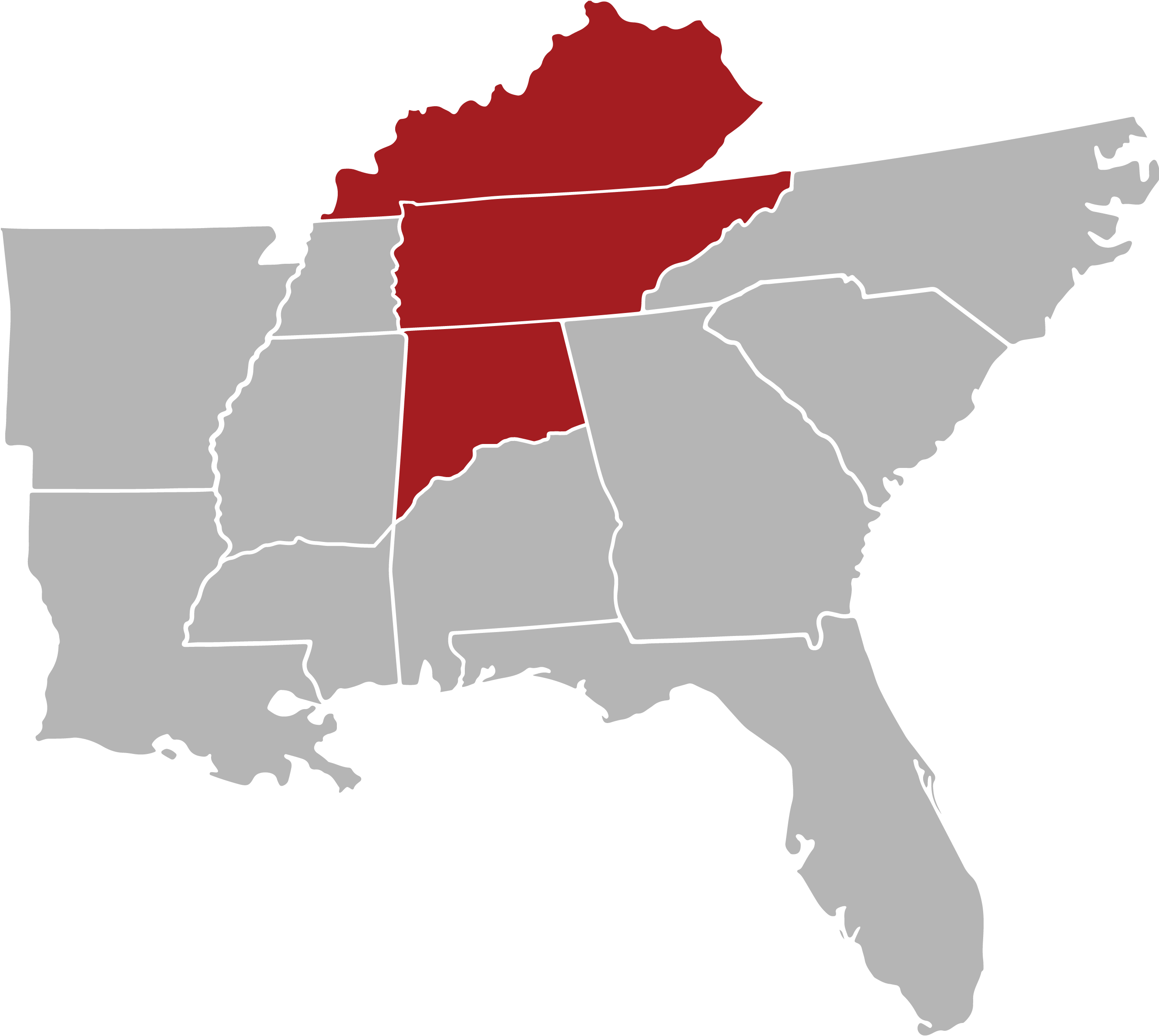 Map of the southeastern United States with Kentucky, Tennessee & Alabama highlighted in red.